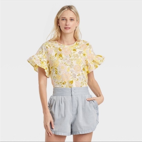 Who What Wear Yellow and Pink Spring Floral Ruffle Sleeve Tie Back Blouse XL - Picture 1 of 16